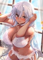  bra breasts bridal_veil brown_eyes choker cleavage collarbone commentary_request curtains dark-skinned_female dark_skin dated female garter_belt hair_between_eyes highres jewelry kantai_collection large_breasts lingerie long_hair looking_at_viewer mashiro_yukiya musashi_(kancolle) musashi_kai_ni_(kancolle) open_mouth panties pov ring sitting smile solo_focus thighhighs underwear underwear_only veil wedding_ring white_bra white_choker white_hair white_panties white_thighhighs window 