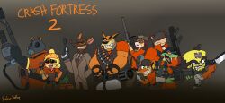  activision anthro armor artist_name bandicoot baseball_bat bat_(object) bonesaw bullet_belt canid canine canis clothing coco_bandicoot cosplay crash_(series) crash_bandicoot crossover crossover_cosplay crunch_bandicoot dingo dingodile doctor_neo_cortex eye_patch eyewear fangs felid female flamethrower gas_mask gatling_gun glasses gloves goggles grenade_belt grenade_launcher group gun handgun handwear hat headgear headwear helmet hi_res holding_object holding_weapon hudsonhatley human hybrid komodo_dragon komodo_joe komodo_moe liz_bandicoot lizard machine_gun macropod male mammal marsupial mask minigun monitor_lizard mutants necktie pantherine pinstripe_potoroo potoroo ranged_weapon red_clothing reptile revolver rifle rocket_launcher scalie smile sniper_rifle suit team_fortress_2 teeth tiger tools topwear valve vest weapon wrench 