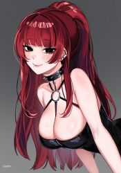  bare_shoulders black_choker black_dress black_eyes blush breasts choker dress ear_piercing female from_side grey_background highres large_breasts long_hair looking_at_viewer mole mole_under_mouth no_pupils o-ring o-ring_top original piercing ponytail red_hair sakichka smile solo spiked_choker spikes twitter_username upper_body yume_(ms._tsu) 