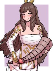  alternate_costume bandages blush breasts brown_hair chest_sarashi cleavage cosplay female fire_emblem fire_emblem_awakening fire_emblem_heroes heidrun_(fire_emblem) heidrun_(fire_emblem)_(cosplay) highres holding long_hair looking_to_the_side medium_breasts mnejing30 purple_eyes sarashi solo sumia_(fire_emblem) wing_hair_ornament 