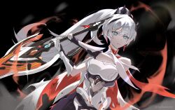  absurdres artist_name bare_shoulders blue_eyes cape cross cross_earrings earrings female hair_ornament highres holding holding_sword holding_weapon honkai_(series) honkai_impact_3rd jewelry kiana_kaslana kiana_kaslana_(herrscher_of_flamescion) long_hair ponytail sword weapon white_hair zoedaartistry 