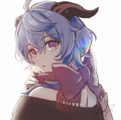  ahoge bare_shoulders black_sweater blue_hair female ganyu_(genshin_impact) genshin_impact horns kmes_niku looking_at_viewer medium_hair off-shoulder_sweater off_shoulder purple_eyes red_scarf scarf simple_background solo sweater upper_body white_background 