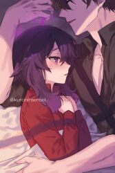  1boy black_hair black_shirt blue_archive blush commentary_request female hair_between_eyes halo hands_up haruka_(blue_archive) kuroninsensei long_sleeves looking_at_another lying on_side parted_lips pectorals purple_eyes purple_hair purple_halo red_shirt sensei_(blue_archive) shirt sleeping twitter_username unbuttoned unbuttoned_shirt upper_body 