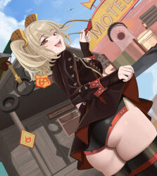  :d absurdres ass black_shorts black_thighhighs blonde_hair breasts brown_jacket brown_skirt burnice_white clothes_lift female from_behind high-waist_skirt highres holding holding_removed_eyewear jacket large_breasts leather leather_jacket lips long_sleeves looking_at_viewer looking_back micro_shorts miniskirt open_mouth orange_eyes quatthro red-tinted_eyewear shorts shorts_under_skirt side_slit side_slit_shorts skirt skirt_lift sleeves_past_wrists smile solo spiked_belt spiked_jacket sunglasses sweat thick_thighs thighhighs thighs tinted_eyewear twintails underbutt unworn_eyewear zenless_zone_zero 