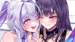  2girls blue_eyes blunt_bangs collar commentary detached_collar diamond-shaped_pupils diamond_(shape) high_ponytail honkai_(series) honkai_impact_3rd interlocked_fingers kiana_kaslana kiana_kaslana_(apho) kiana_kaslana_(herrscher_of_finality) multiple_girls nyeppu one_eye_closed open_mouth ponytail purple_eyes purple_hair raiden_mei raiden_mei_(apho) smile symbol-shaped_pupils white_collar white_hair 