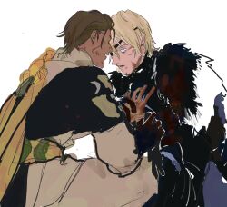  2boys aaagiogio armor black_armor black_fur blonde_hair blood blue_cape blue_eyes breastplate brown_hair bruise bruise_on_face cape claude_von_riegan collared_shirt dimitri_alexandre_blaiddyd eyepatch fire_emblem fire_emblem:_three_houses fur-trimmed_cape fur_trim hair_behind_ear hair_slicked_back hand_on_another&#039;s_chest hand_on_another&#039;s_hand highres injury kneeling long_sleeves looking_at_hands male_focus medium_hair multiple_boys one_eye_covered open_mouth pants parted_lips popped_collar sash shirt short_hair side_cape simple_background white_background white_fur yellow_cape 