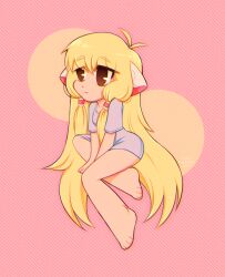  2022 4_toes accessory android artist_name bent_legs blonde_eyebrows blonde_hair brown_eyes chi_(chobits) chobits chotpot closed_smile clothed_female clothed_humanoid clothing colored dated digital_drawing_(artwork) digital_media_(artwork) english_description eye_through_hair eyebrow_through_hair eyebrows feet female fingers grey_clothing grey_shirt grey_t-shirt grey_topwear hair hair_accessory hair_on_shoulder hair_over_shoulder hair_tie humanoid long_hair machine mouth_closed no_pupils not_furry persocom pink_background robot shaded shirt simple_background sitting smile solo t-shirt toes topwear translucent translucent_hair white_ears 