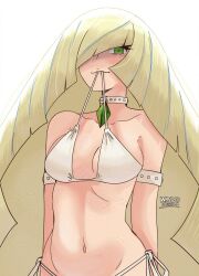  alternate_costume armlet bare_shoulders bikini bikini_top_lift blonde_hair breasts cleavage clothes_lift collar female gem green_eyes green_gemstone hair_over_one_eye highres jewelry long_hair looking_at_viewer lusamine_(pokemon) mouth_hold navel pokemon pokemon_sm smile solo string_bikini swimsuit upper_body very_long_hair wanderjegson white_bikini white_collar 