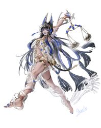  absurdres ancient_egyptian animal_ears anklet arms_up bandages barefoot black_hair blue_eyes blue_hair blue_tongue bracelet choker circlet colored_tongue commentary earrings female flower full_body gawako gold gold_bracelet gold_choker gold_trim hair_flower hair_ornament highres jackal_ears jewelry long_hair looking_at_viewer multicolored_hair nail_polish original revealing_clothes see-through_clothes see-through_shawl shawl signature solo symbol-only_commentary teeth thighlet toenail_polish toenails two-tone_hair upper_teeth_only very_long_hair weighing_scale white_background 