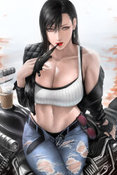  artist_name belt black_belt black_bra black_gloves black_hair black_jacket bra breasts cleavage crop_top cropped_jacket denim earrings female final_fantasy final_fantasy_vii fingerless_gloves gloves highres jacket jewelry large_breasts long_hair midriff motor_vehicle motorcycle mouth_hold navel off_shoulder open_belt open_clothes open_jacket outdoors pants red_eyes sitting solo tank_top tifa_lockhart tinted_eyewear torn_clothes torn_pants underwear unworn_eyewear wtparadise 