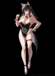  absurdres animal_ear_fluff animal_ears arknights bare_legs black_background black_hair black_leotard breasts brown_eyes chinese_commentary commentary_request detached_collar female full_body highres knight_fault large_breasts leotard long_hair looking_at_viewer neck_ribbon nontraditional_playboy_bunny red_ribbon ribbon solo strapless strapless_leotard tail texas_(arknights) wolf_ears wolf_tail wrist_cuffs 