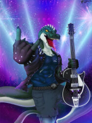  alternative_fashion anthro darkgoose death_metal dinosaur dog_tags full-body hi_res male metal metalhead muscular music prehistoric_species reptile scalie show solo stage theropod tyrannosaurid tyrannosauroid tyrannosaurus tyrannosaurus_rex 