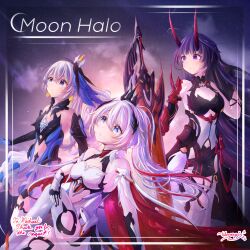  3girls bare_shoulders blue_eyes bronya_zaychik bronya_zaychik_(herrscher_of_reason) cape cross cross_earrings earrings english_text grey_hair hair_ornament highres honkai_(series) honkai_impact_3rd horns jewelry kiana_kaslana kiana_kaslana_(herrscher_of_flamescion) long_hair multicolored_hair multiple_girls ponytail purple_eyes purple_hair raiden_mei raiden_mei_(herrscher_of_thunder) red_horns signature snowpix streaked_hair striped_clothes sword thighhighs thighs vertical-striped_clothes weapon white_hair 