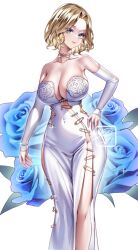  bare_shoulders blonde_hair blue_eyes breasts cleavage cocktail_dress collarbone commission contrapposto covered_navel curvy dark_jewel_(gem_oblivion) dress evening_gown female groin hand_on_own_hip head_tilt large_breasts original pelvic_curtain short_hair thighs white_dress wide_hips 