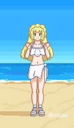  blonde_hair blunt_bangs clear_sky clenched_hands closed_mouth collarbone day female full_body green_eyes hands_up leiscner lillie_(pokemon) long_hair outdoors pixel_art pokemon pokemon_(anime) pokemon_sm_(anime) sand sandals sarong shore sky smile solo standing swimsuit twitter_username water watermark white_footwear 