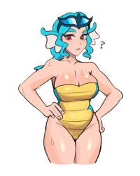  ? absurdres bare_shoulders blue_hair blue_one-piece_swimsuit borrowed_character breasts cleavage cowboy_shot cropped_legs curvy expressionless female fins goggles goggles_on_head gyarados hands_on_own_hips head_fins highres itslyssalala large_breasts looking_at_viewer multicolored_clothes multicolored_swimsuit one-piece_swimsuit personification pokemon ponytail red_eyes ribbed_swimsuit simple_background solo strapless strapless_one-piece_swimsuit swimsuit wet white_background yellow_one-piece_swimsuit 