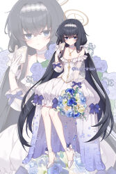  alternate_costume bare_shoulders black_hair blue_archive blue_flower blue_rose book bouquet bow breasts brown_halo cleavage commentary_request dress female flower full_body hair_between_eyes hairband halo hand_up high_heels highres holding holding_book holding_bouquet jewelry kuroninsensei lace-trimmed_hairband lace_trim long_hair looking_at_viewer necklace purple_bow purple_eyes rose see-through_clothes see-through_sleeves simple_background solo strapless strapless_dress twitter_username ui_(blue_archive) very_long_hair white_background white_dress white_footwear yellow_flower yellow_rose zoom_layer 