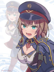  :d amayomiyu aoi_erika aqua_eyes black_gloves blush breasts brown_hair cleavage collared_shirt commentary_request female gloves hat heaven_burns_red jacket jacket_on_shoulders large_breasts long_sleeves looking_at_viewer lower_teeth_only military_uniform necktie official_alternate_costume open_mouth peaked_cap pointing pointing_at_viewer purple_hat purple_jacket red_necktie shirt short_hair short_necktie simple_background smile solo teeth twitter_username white_background white_shirt zoom_layer 