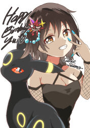  absurdres artist_name bare_shoulders black_choker black_hair blue_nails breasts carrot_summer choker cleavage collarbone criss-cross_halter crossover detached_sleeves female fingernails fishnet_sleeves fishnets funami_yui grin hair_between_eyes hair_ornament halterneck hand_up happy_birthday highres long_sleeves medium_breasts nail_polish orange_eyes pokemon pokemon_(creature) short_hair simple_background smile teeth umbreon white_background yuru_yuri 