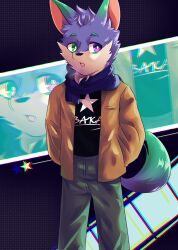  absurd_res anthro ayu_space_(potato_12_13) blue_scarf bottomwear breath canid canine canis clothed clothed_anthro clothed_male clothing dipstick_tail domestic_dog eyebrows fangs fur green_eyebrows green_eyes green_tail_tip grey_bottomwear grey_clothing grey_pants hair hand_in_pocket heterochromia hi_res male mammal markings open_mouth pants pockets potato_12_13 print_clothing print_shirt print_topwear purple_body purple_eyes purple_fur purple_hair purple_tail scarf shirt solo tail tail_markings teeth text text_on_clothing text_on_shirt text_on_topwear topwear 