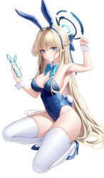  animal_ears bare_shoulders blonde_hair blue_archive blue_bow blue_eyes blue_footwear blue_hair blue_halo blue_leotard bow braid breasts cleavage closed_mouth detached_collar fake_animal_ears female full_body hairbow halo high_heels highleg highleg_leotard highres leotard long_hair looking_at_viewer medium_breasts melt_(melt_out1) multicolored_hair official_alternate_costume playboy_bunny rabbit_ears solo sparkle thighhighs toki_(blue_archive) toki_(bunny)_(blue_archive) white_background white_thighhighs white_wrist_cuffs wrist_cuffs 