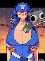  animalization baseball_cap belt blue_hair blue_hat blue_shirt breasts buttons collared_shirt decepticon expressionless facing_viewer feline female flying_button genderswap_(mtf) hat headphones headset highres huge_breasts humanization insignia jetpack jumping lower_teeth_only loyal_cloud motion_blur open_mouth orange_sky popped_button ravage_(transformers) red-tinted_eyewear rule_63 shirt short_hair shoulder_cannon sky sleeves_rolled_up soundwave_(transformers) sunglasses teeth tinted_eyewear transformers triangular_eyewear upper_body walkie-talkie white_belt 