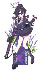  belt black_belt black_hat black_skirt blue_archive boots character_name collared_shirt commentary fabarm_fp6 female flower full_body garrison_cap gun hair_between_eyes hair_ornament hairclip halo haruka_(blue_archive) hat holding holding_detonator holding_gun holding_weapon jacket juliet_sleeves knee_boots kuroninsensei lavender_(flower) long_sleeves pleated_skirt puffy_sleeves pump_action purple_eyes purple_footwear purple_hair purple_halo purple_jacket red_shirt shirt shotgun simple_background skirt solo symbol-only_commentary weapon white_background 