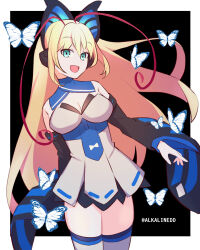  alkalinedd antenna_hair azure_striker_gunvolt black_background black_sleeves blonde_hair blue_eyes breasts bug butterfly butterfly_hair_ornament cleavage detached_collar detached_sleeves dress female hair_ornament highres large_breasts long_hair long_sleeves lumen_(gunvolt) multicolored_hair pink_hair simple_background solo thighhighs thighs twitter_username white_dress white_thighhighs 