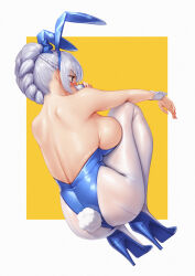  animal_ears ass blue_footwear blue_leotard braid breasts fake_animal_ears fake_tail female from_behind full_metal_panic grey_eyes grey_hair high_heels highleg highleg_leotard highres large_breasts leotard long_hair pantyhose playboy_bunny qingmingtongzi rabbit_ears rabbit_tail solo strapless strapless_leotard tail teletha_testarossa white_pantyhose wrist_cuffs 