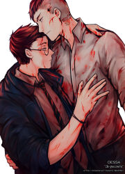  2boys arm_around_back arm_up artist_name black-framed_eyewear black_pants blood blood_on_clothes blood_on_face blue_jacket bracelet brown_hair character_name closed_mouth collared_jacket collared_shirt david_king_(dead_by_daylight) dead_by_daylight dessa_nya dress_shirt dwight_fairfield empty_eyes glasses hand_on_another&#039;s_chest highres injury jacket jewelry male_focus mohawk multiple_boys necktie open_clothes open_jacket pants profile shirt shirt_tucked_in short_hair striped_necktie web_address white_background wing_collar yaoi 