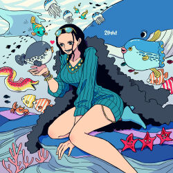  black_hair blue-tinted_eyewear blue_dress coat coat_on_shoulders commentary_request coral crab dress eyewear_on_head female fish fur_coat hatch_(8cco) heart jewelry long_hair long_sleeves necklace nico_robin one_piece open_mouth sitting smile solo striped_clothes striped_dress tinted_eyewear vertical-striped_clothes vertical-striped_dress 