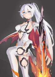  absurdres armpits blue_eyes breasts cape coffee_can_ex female hair_between_eyes hair_ornament highres holding holding_sword holding_weapon honkai_(series) honkai_impact_3rd kiana_kaslana kiana_kaslana_(herrscher_of_flamescion) long_hair looking_at_viewer ponytail simple_background sword thighhighs thighs weapon white_hair 