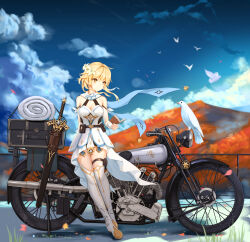  autumn bare_shoulders bedroll belt belt_pouch bird blonde_hair book boots breasts brown_belt cleavage cloud cloudy_sky commentary commission crossover detached_sleeves dress english_commentary english_text feather_hair_ornament feathers female floating_clothes flower full_body genshin_impact hair_flower hair_ornament hermes_(kino_no_tabi) highres holding holding_book kino_no_tabi large_breasts leaning_against_motorcycle looking_to_the_side lumine_(genshin_impact) motor_vehicle motorcycle mountain outdoors pouch sheath sheathed short_hair_with_long_locks sky solo standing suitcase sword textless_version thigh_boots thigh_pouch thigh_strap weapon white_bird white_dress white_flower white_footwear wind yellow_eyes yuzuriha_(atelier_liang) zettai_ryouiki 