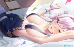  adapted_costume airani_iofifteen airani_iofifteen_(1st_costume) armpits blue_overalls blush breasts dobure18 female highres hololive hololive_indonesia large_breasts lying no_shirt on_back on_bed one_eye_closed overalls pillow purple_eyes purple_hair solo virtual_youtuber 