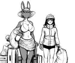  2023 6:5 american_opossum anthro beanie bikini bikini_top breasts cleavage clothed clothing coat duo ear_piercing eyewear facial_piercing female glasses hat headgear headwear hi_res hladilnik lagomorph leporid lip_piercing luggage mammal marsupial marylin_(hladilnik) midriff monochrome multiple_piercings navel navel_piercing piercing pro_bun_(hladilnik) rabbit sarong sun_hat swimwear topwear virginia_opossum 