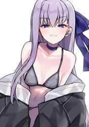  akitokage bare_shoulders bikini black_bikini black_jacket blue_eyes blue_ribbon blush breasts choker collarbone commentary_request eyelashes fate/extra fate/extra_ccc fate/grand_order fate_(series) female grin hair_between_eyes hair_ribbon jacket leaning_forward long_hair long_sleeves looking_at_viewer meltryllis_(fate) meltryllis_(swimsuit_lancer)_(fate) meltryllis_(swimsuit_lancer)_(first_ascension)_(fate) navel off_shoulder parka purple_hair ribbon sleeves_past_fingers sleeves_past_wrists small_breasts smile solo swimsuit very_long_hair white_background 