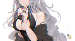  alternate_costume arknights arm_at_side ascot bare_shoulders between_breasts black_dress breasts bunnyking618 chinese_commentary closed_mouth cross dress facing_viewer female grey_hair hand_up head_out_of_frame highres jewelry large_breasts long_hair nail_polish red_nails shawl simple_background skadi_(arknights) sleeveless sleeveless_dress solo strap_slip upper_body white_background 