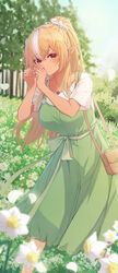  absurdres alternate_costume bag blonde_hair blush closed_mouth dark-skinned_female dark_skin day dress elf feet_out_of_frame female field flower flower_field green_dress hair_between_eyes hair_ornament hair_scrunchie hands_up heart heart_hands highres hololive jewelry long_hair looking_at_viewer multicolored_hair outdoors petals pinafore_dress pointy_ears ponytail red_eyes ring scrunchie shiranui_flare shirt short_sleeves shoulder_bag sidelocks sleeveless sleeveless_dress smile solo standing streaked_hair tang-du tree virtual_youtuber wedding_ring white_flower white_hair white_shirt 