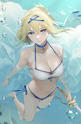  absurdres air_bubble azur_lane bare_shoulders barefoot bikini blonde_hair blue_choker blue_eyes breasts bubble choker cleavage commentary cross female freediving halterneck highres holding jeanne_d&#039;arc_(azur_lane) jeanne_d&#039;arc_(saintess_of_the_sea)_(azur_lane) layered_bikini long_hair looking_at_viewer medium_breasts navel official_alternate_costume ohisashiburi parted_lips rapier see-through side-tie_bikini_bottom solo stomach swimsuit sword thigh_strap thighs underwater water weapon white_bikini 