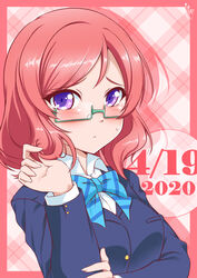  absurdres blazer blush breasts bunji commentary dated female glasses green-framed_eyewear highres jacket long_sleeves looking_at_viewer love_live! love_live!_school_idol_project medium_breasts nishikino_maki otonokizaka_school_uniform purple_eyes red_hair school_uniform semi-rimless_eyewear short_hair signature solo twirling_hair under-rim_eyewear upper_body 