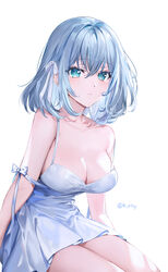  aqua_eyes arms_at_sides bang_dream! bare_shoulders breasts cleavage closed_mouth collarbone commentary cowboy_shot crossed_bangs dress expressionless female grey_hair hair_between_eyes hair_ribbon highres kurata_mashiro light_blush looking_at_viewer md5_mismatch medium_breasts medium_hair ribbon rity short_dress simple_background sitting sleeveless sleeveless_dress solo spaghetti_strap strap_slip twitter_username white_background white_dress white_ribbon 