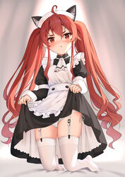  :&lt; ahoge aliter alternate_costume animal_ear_fluff animal_ears apron bad_leg bed_sheet black_dress blush cat_ears closed_mouth clothes_lift commentary_request dress dress_lift enmaided eris_greyrat female frilled_apron frills garter_straps hair_between_eyes highres juliet_sleeves kemonomimi_mode kneeling lifting_own_clothes long_hair long_sleeves looking_at_viewer maid maid_apron maid_headdress mushoku_tensei no_shoes nose_blush panties puffy_sleeves red_eyes red_hair short_eyebrows side-tie_panties skirt skirt_lift solo thick_eyebrows thighhighs twintails underwear v-shaped_eyebrows very_long_hair white_apron white_panties white_thighhighs 