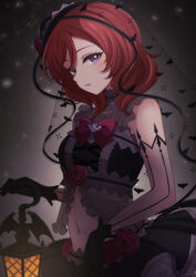  absurdres animal_print bat_print bat_wings black_gloves black_skirt black_veil breasts female flower frills gloves halloween highres holding holding_lantern lantern looking_at_viewer love_live! love_live!_school_idol_festival love_live!_school_idol_project medium_hair navel nishikino_maki official_alternate_costume parted_lips pukonuu purple_eyes red_flower red_hair red_rose rose skirt small_breasts solo stomach upper_body veil wings 