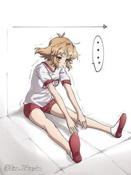  ... alt_text arrow_(symbol) brown_hair commentary_request female gym_shorts gym_uniform hair_ornament highres name_tag orange_eyes red_shorts senki_zesshou_symphogear shirt shoe_soles short_hair short_sleeves shorts sidelocks speech_bubble spoken_ellipsis stretching tachibana_hibiki_(symphogear) tachibana_hibiki_(symphogear)_(another) trembling twitter_username white_shirt yukitsuba_hina 