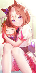  2girls animal_ears bow closed_eyes closed_mouth collared_jacket commentary dolce_(dolsuke) dress frilled_dress frills hair_between_eyes hair_ornament hairbow head_tilt highres holding holding_stuffed_toy horse_ears horse_girl hugging_object jacket light_blush light_particles light_smile long_hair looking_at_viewer multiple_girls neck_ribbon on_bed orange_hair puffy_short_sleeves puffy_sleeves purple_bow purple_eyes ribbon short_hair short_sleeves sitting smile special_week_(umamusume) stuffed_toy umamusume waist_bow white_dress white_jacket wrist_cuffs 