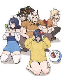  1boy 3girls annoyed arataki_itto bandaged_leg bandages bare_legs bare_shoulders bell black_thighhighs blonde_hair blue_hair blue_skirt breast_suppress breasts brown_pants cameo character_mask character_request chroong cleavage closed_eyes collared_shirt cosplay covering_own_ears doraemon doraemon_(character) doraemon_(character)_(cosplay) facial_mark forked_eyebrows genshin_impact geta gouda_takeshi gouda_takeshi_(cosplay) hadanugi_dousa hair_over_shoulder hand_up hands_on_own_head hands_up highres holding holding_lighter holding_microphone honekawa_suneo honekawa_suneo_(cosplay) horns japanese_clothes jingle_bell kappa kimono kneeling kujou_sara large_breasts lighter long_hair long_sleeves looking_at_viewer low_twintails mask mask_on_head microphone multiple_girls muscular muscular_male music neck_bell no_shoes nobi_nobita nobi_nobita_(cosplay) off_shoulder on_shoulder one_eye_closed open_mouth orange_kimono orange_shirt pants parody raiden_shogun sash shirt short_hair shrine singing skirt sleeves_rolled_up small_light_(doraemon) smile smug squatting sweater takecopter thighhighs trait_connection twintails whisker_markings white_shirt white_thighhighs yellow_sweater yoimiya_(genshin_impact) zettai_ryouiki 