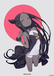  black_hair black_skin choker colored_skin cowboy_shot cropped_legs dark-skinned_female dark_skin double_bun dress female flat_chest grey_background hair_bun head_tilt highres kuroboshi_kouhaku long_hair original parted_bangs roroboshi-chan short_dress sidelocks simple_background solo very_dark_skin very_long_hair wrist_cuffs yellow_eyes 