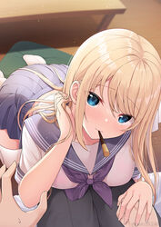  1boy black_pants blonde_hair blue_eyes blue_sailor_collar blue_skirt blush breasts commentary_request female food food_in_mouth indoors long_hair looking_at_viewer neckerchief nekokobushi original pants pleated_skirt pocky purple_neckerchief sailor_collar school_uniform serafuku shirt skirt twitter_username white_shirt wooden_floor 