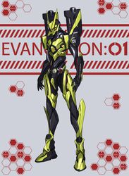  3ok absurdres character_name commentary crossover english_commentary eva_01 fusion highres kamen_rider kamen_rider_01_(series) kamen_rider_zero-one legs_apart mecha neon_genesis_evangelion no_humans open_hands orange_eyes robot sign solo standing warning_sign 