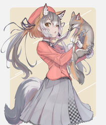  animal animal_ear_fluff animal_ears ascot belt beret black_ribbon brown_eyes commentary creature_and_personification don3 extra_ears female fox fox_ears fox_girl fox_tail fur-trimmed_sleeves fur_trim gloves grey_gloves grey_hair grey_skirt hair_between_eyes hair_ribbon hat headset holding holding_animal island_fox_(kemono_friends) jacket kemono_friends kemono_friends_v_project long_hair long_sleeves looking_at_viewer multicolored_hair open_mouth orange_hair orange_jacket pleated_skirt red_hat ribbon simple_background skirt solo tail twintails virtual_youtuber white_ascot 